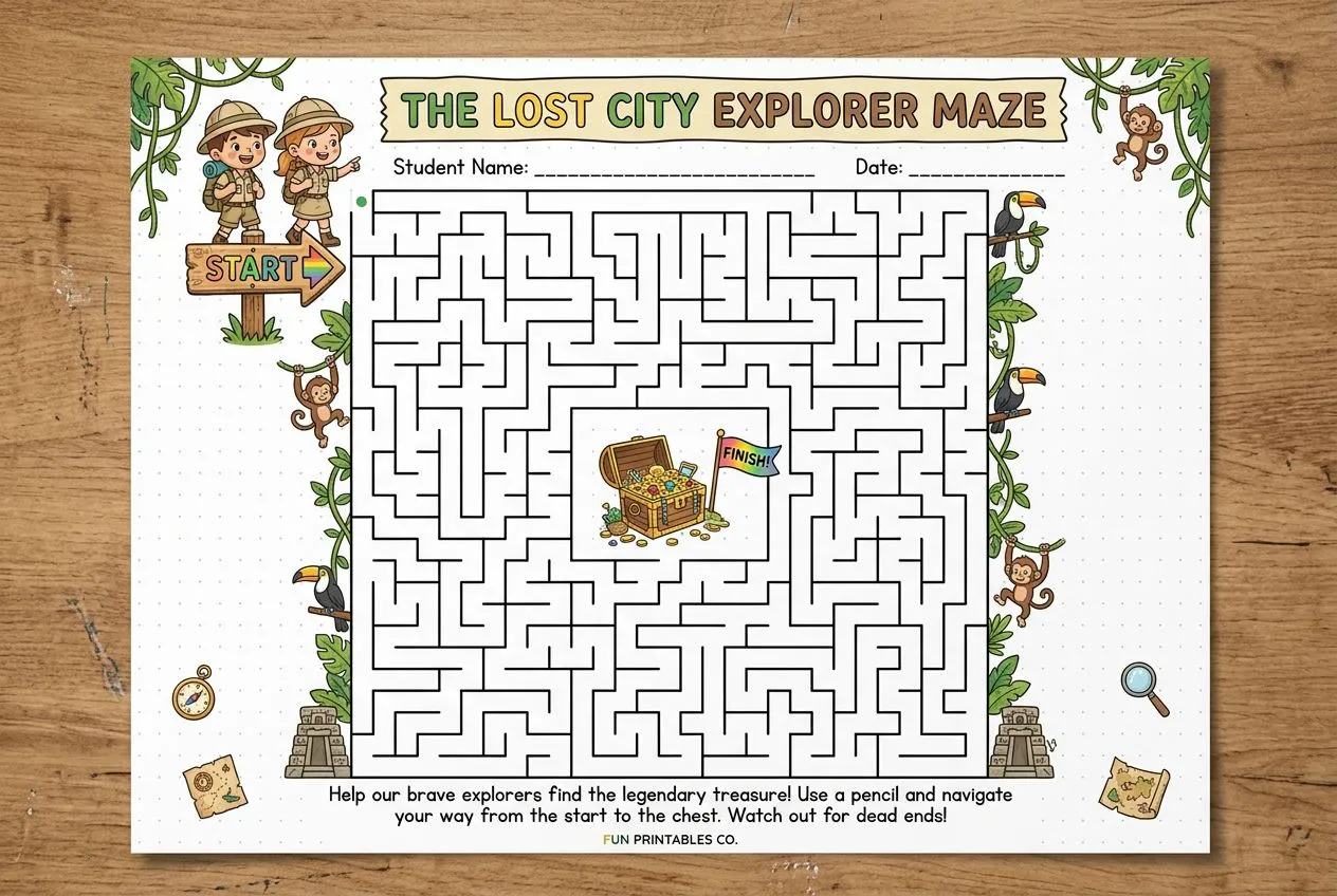 Fun Maze Challenge worksheet with themed design