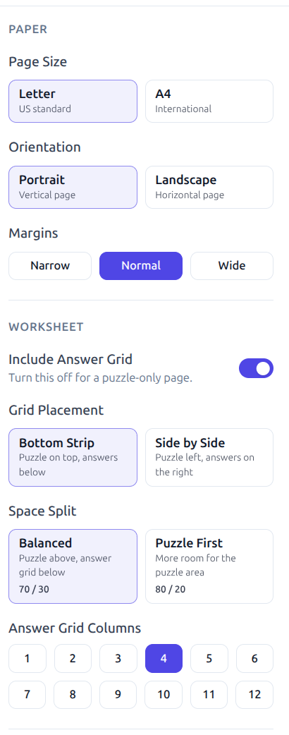 I Spy page setup showing paper, worksheet layout, and answer grid options
