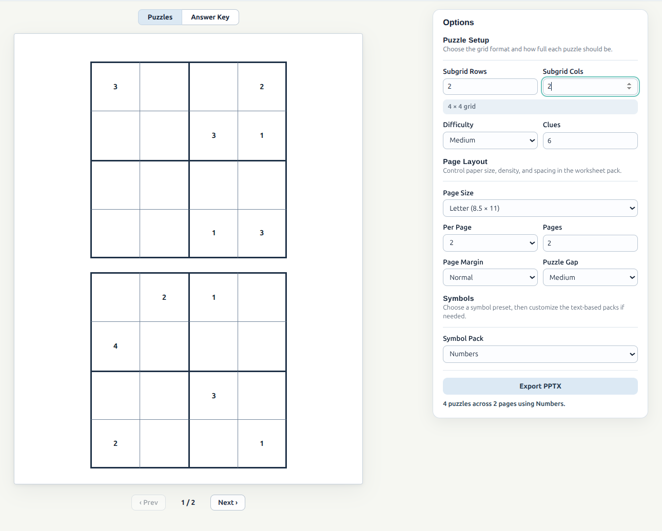 Sudoku Creator setup screen with a 4 x 4 grid, Medium difficulty, and 6 clues